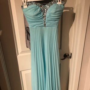 Turquoise long prom/formal strapless dress.